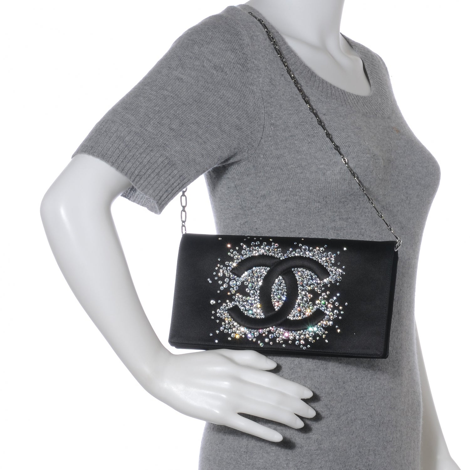 Chanel Satin Diamante Evening Clutch Bag Black 2 of 7