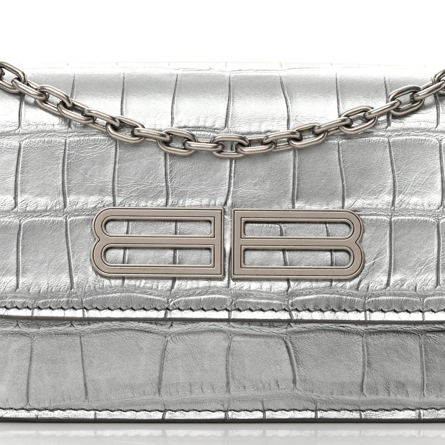 Metallic Extra Supple Calfskin Crocodile Embossed Gossip Wallet On Chain Silver