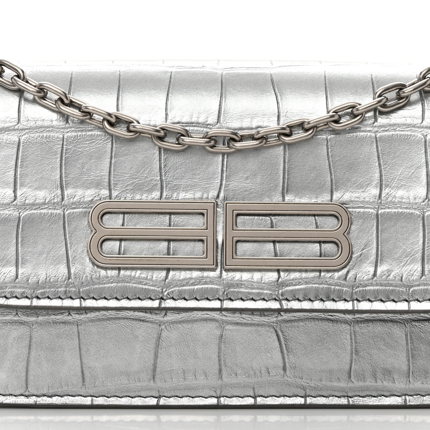 Balenciaga Metallic Extra Supple Calfskin Crocodile Embossed Gossip Wallet On Chain Silver 8 of 16