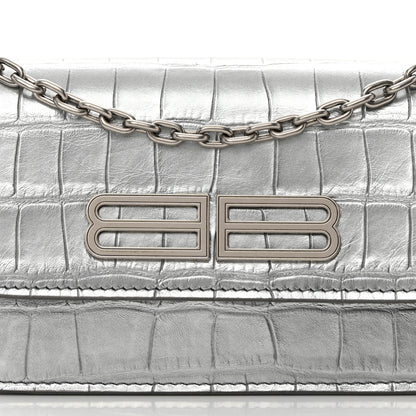Balenciaga Metallic Extra Supple Calfskin Crocodile Embossed Gossip Wallet On Chain Silver 8 of 16