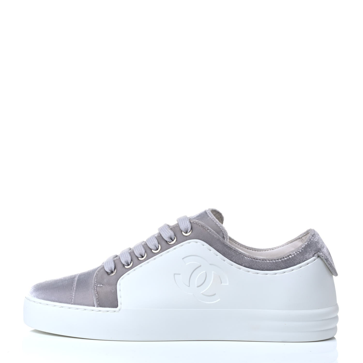 Chanel Calfskin Velvet Womens CC Sneakers 36.5 White Silver 2 of 8