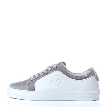 Chanel Calfskin Velvet Womens CC Sneakers 36.5 White Silver 2 of 8