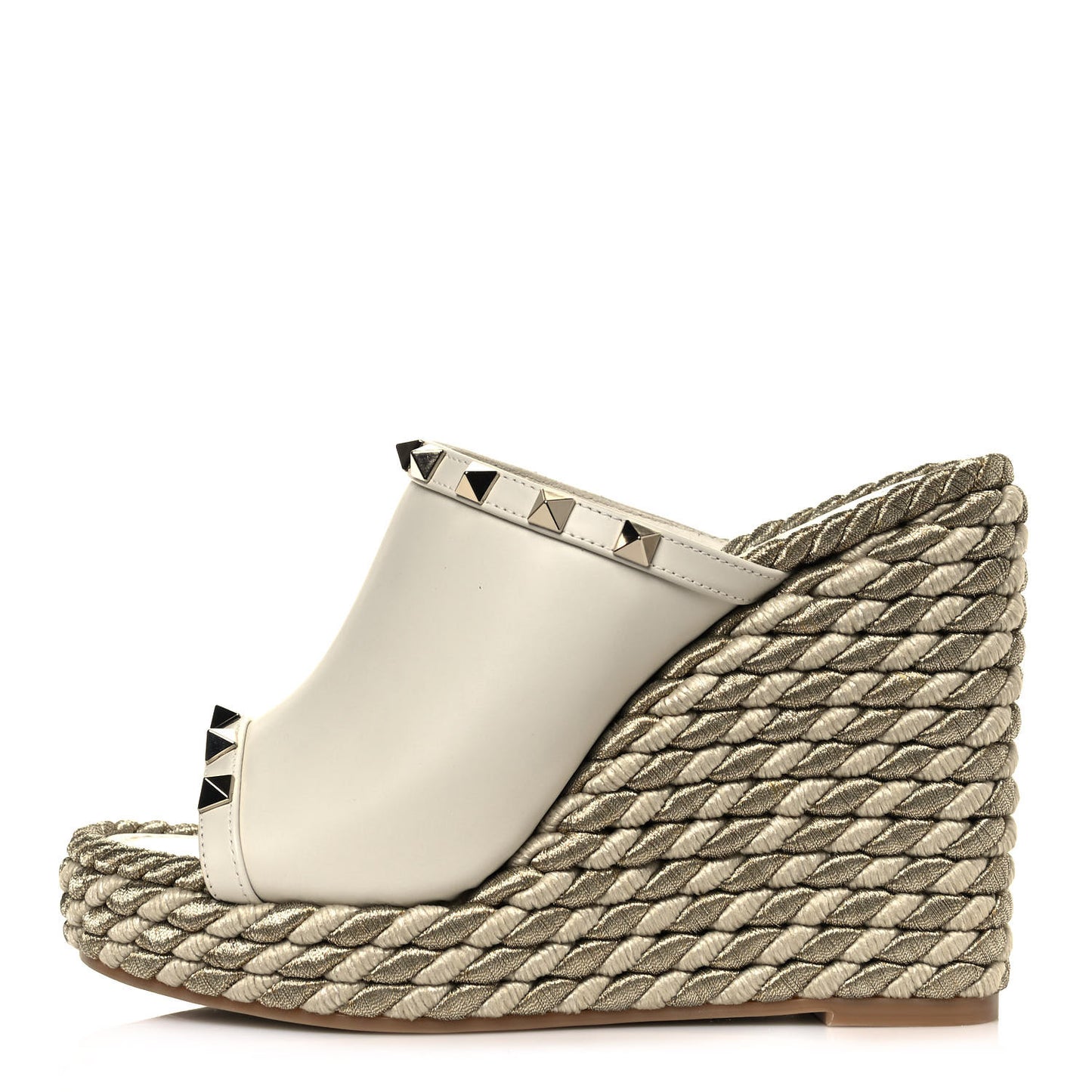 Calfskin Silk Rockstud Torchon Espadrille Wedge 25/115mm Slide Sandals 35 Light Ivory