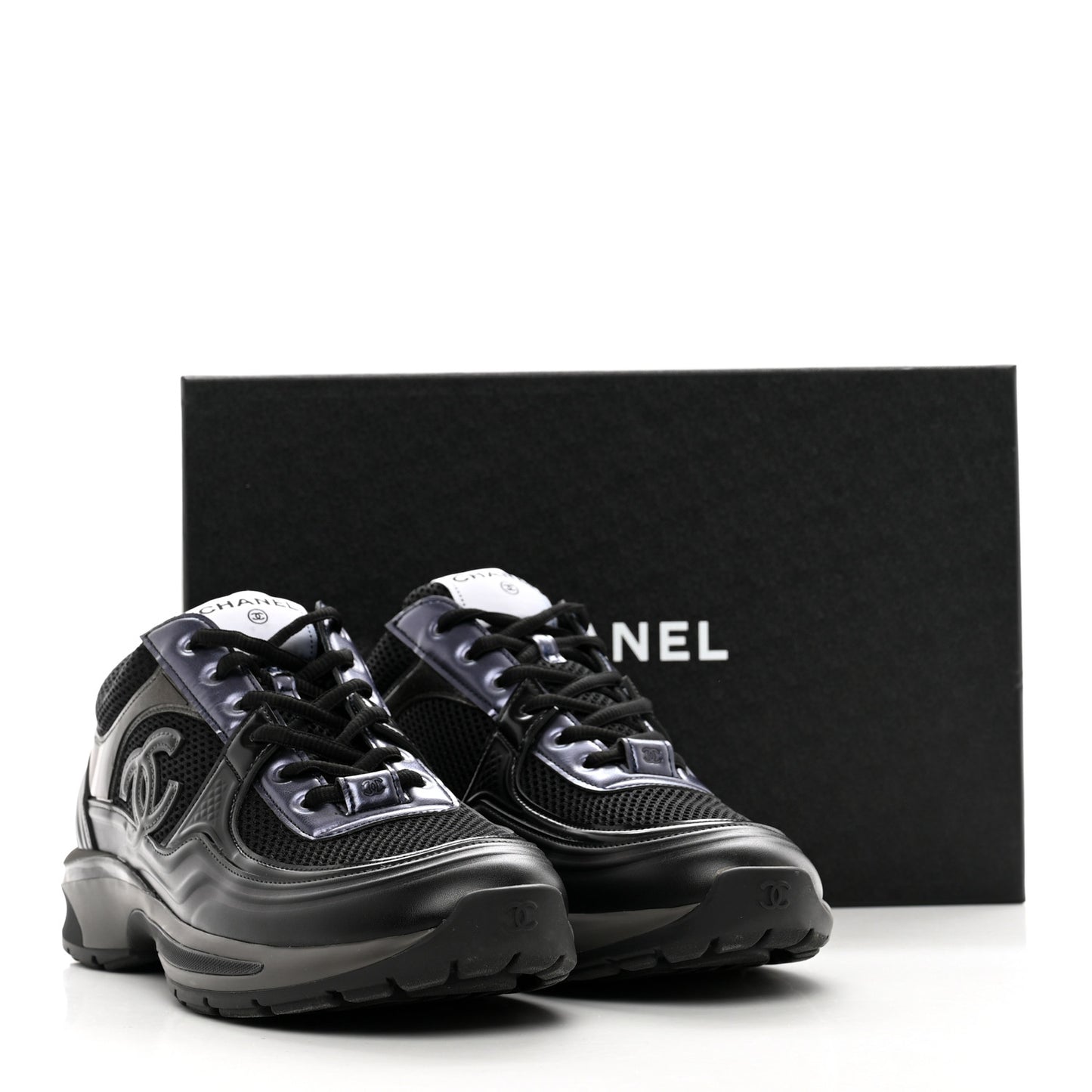 Fabric Laminated Calfskin Stretch CC Womens Sneakers 41 Black