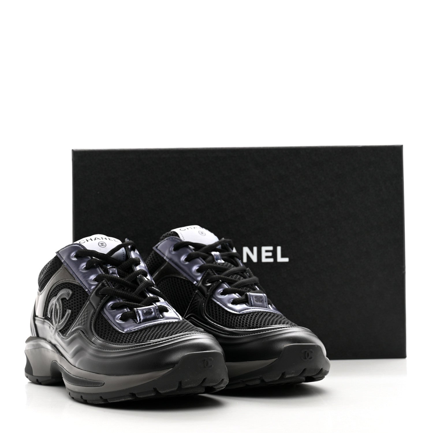 Chanel Fabric Laminated Calfskin Stretch CC Womens Sneakers 41 Black 9 of 9