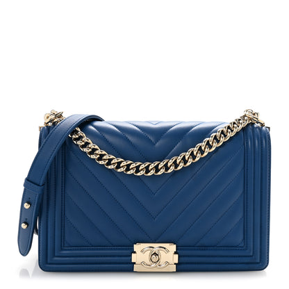 Chanel Lambskin Chevron Quilted New Medium Boy Flap Blue 1 of 15
