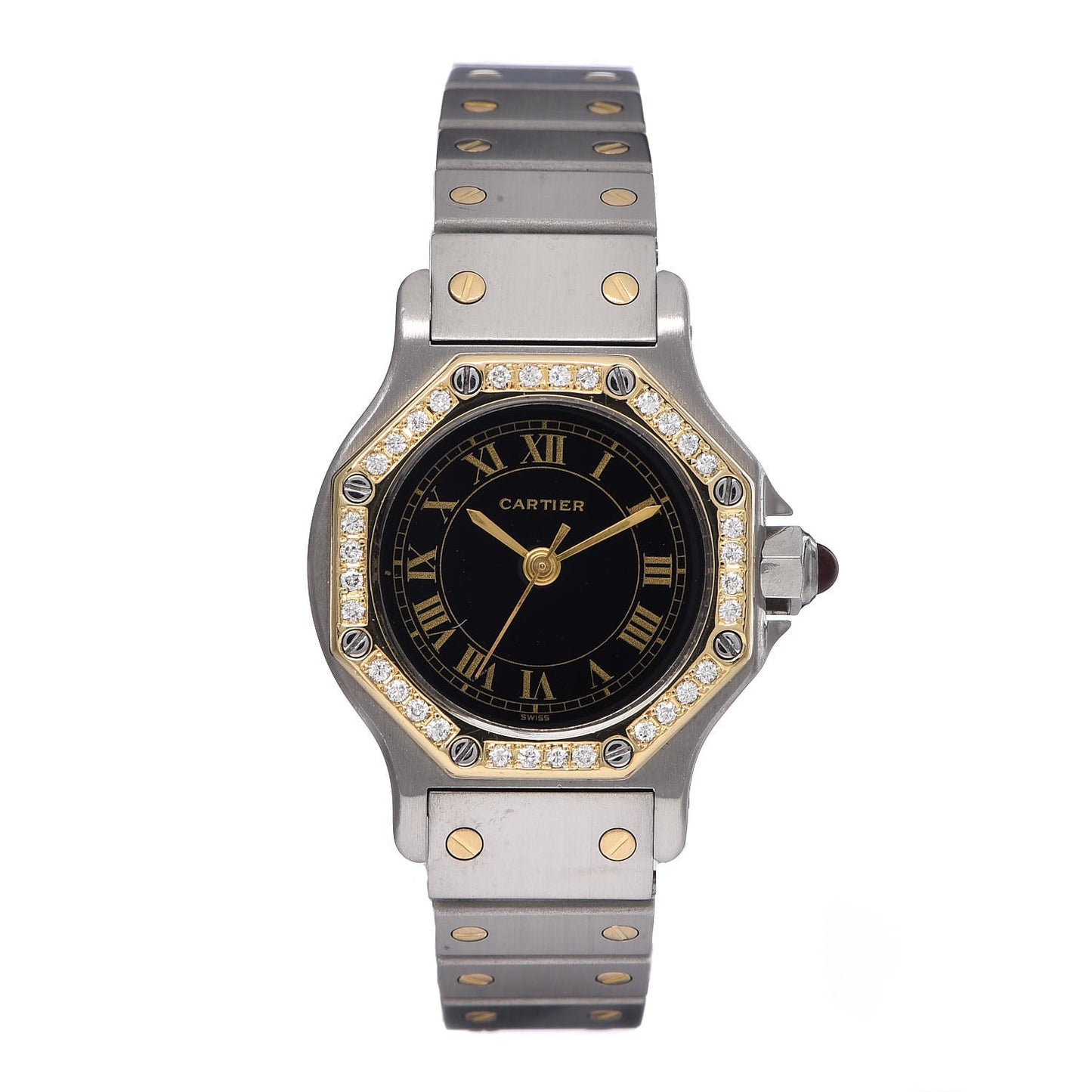 Stainless Steel 18K Yellow Gold Diamond 25mm Santos Octagon Automatic Watch Black