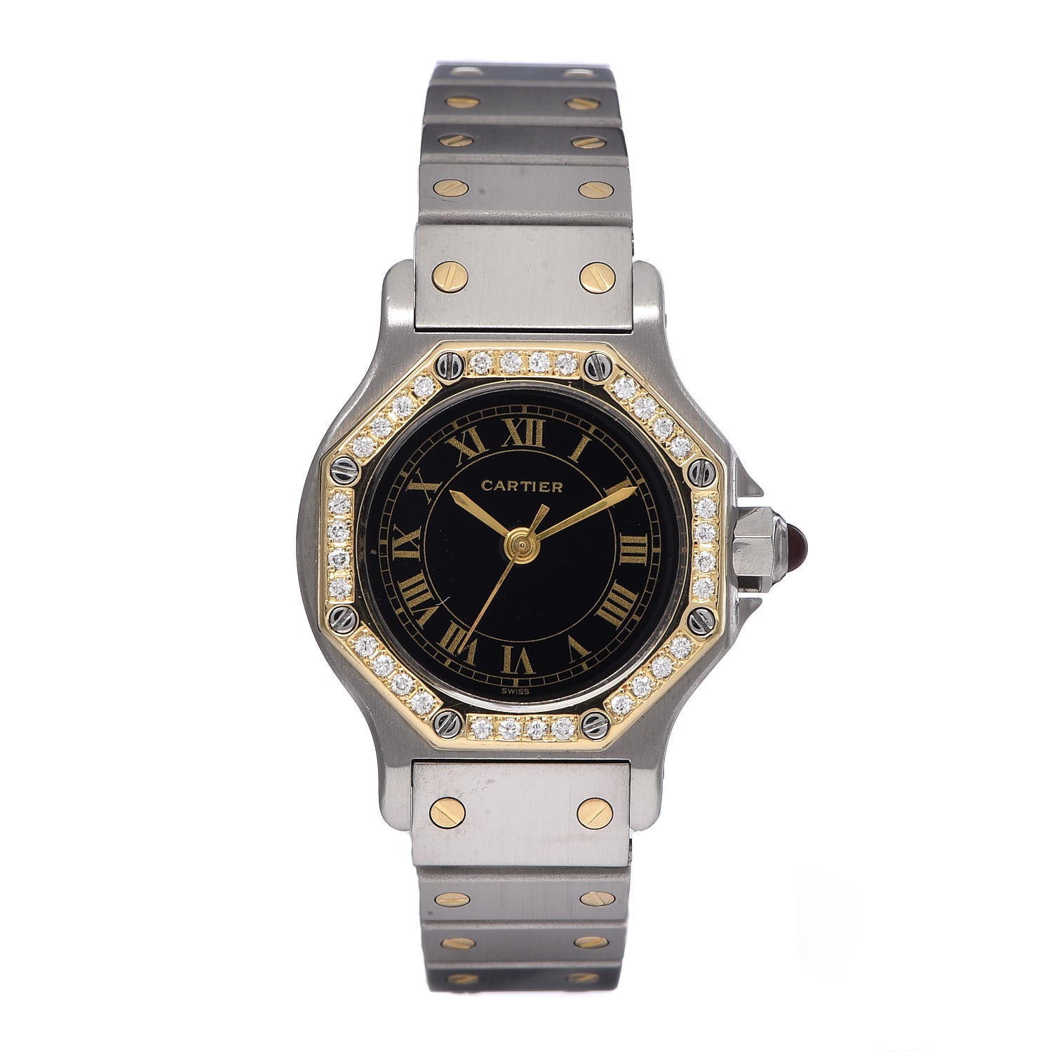 Cartier Stainless Steel 18K Yellow Gold Diamond 25mm Santos Octagon Automatic Watch Black 1 of 11