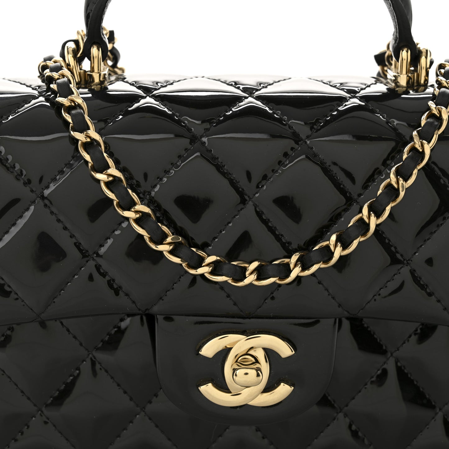 Patent Quilted Mini Top Handle Rectangular Flap Black