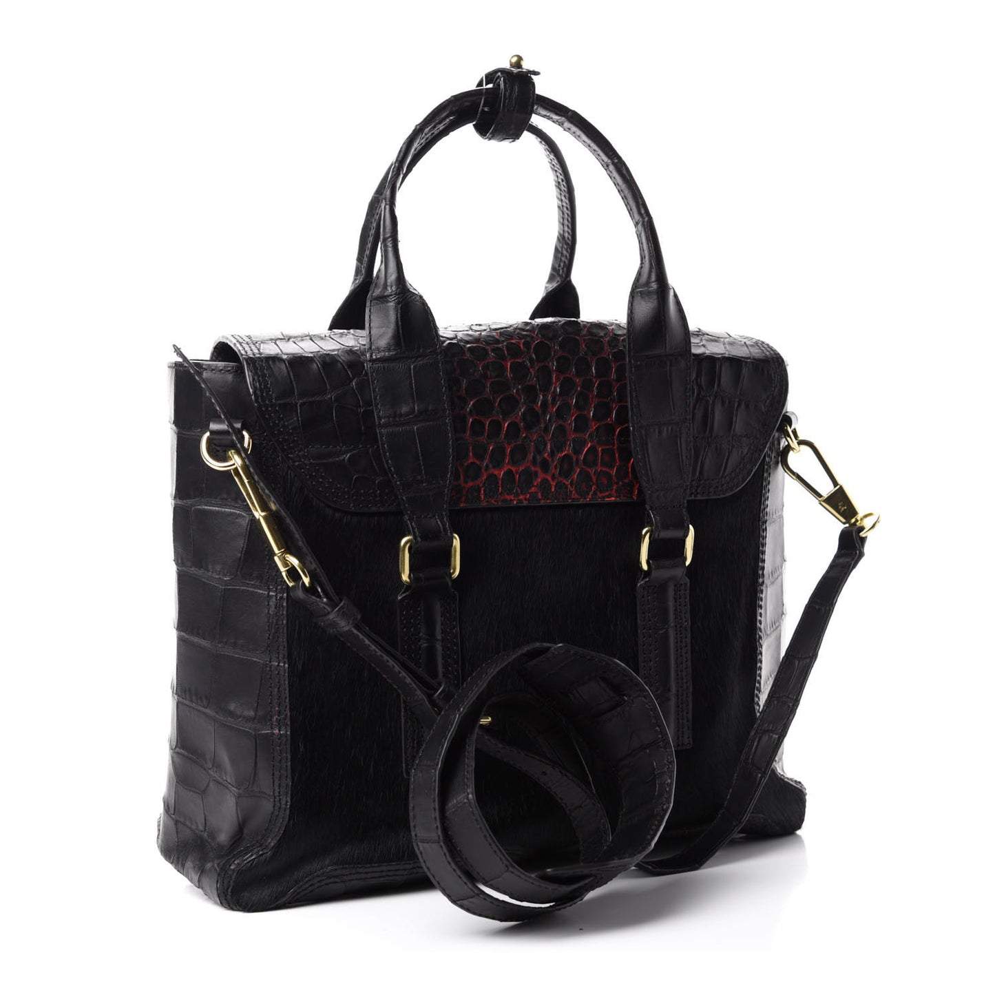 3.1 Calf Hair Calfskin Crocodile Embossed Medium Pashli Satchel Antique Red Black