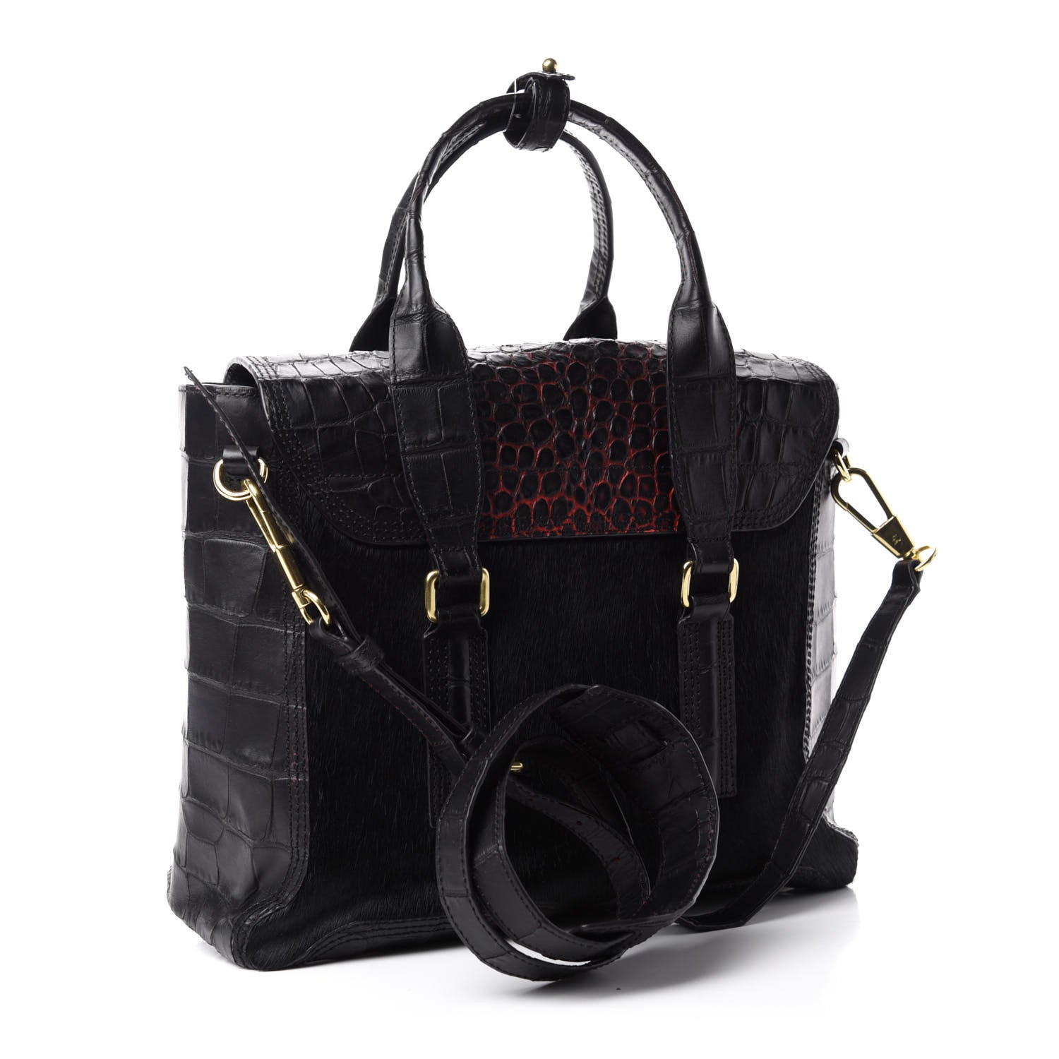 3.1 Phillip Lim 3.1 Calf Hair Calfskin Crocodile Embossed Medium Pashli Satchel Antique Red Black 3 of 12