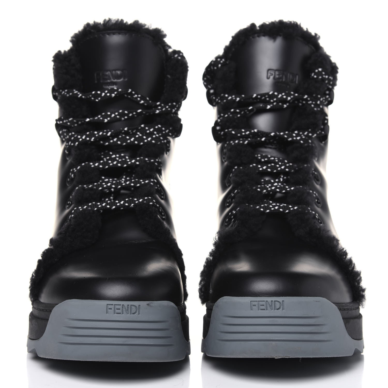 Fendi Vitello Spazzolato Shearling Womens Lace Up Biker Boots 37 Black Navy Blue White 2 of 11