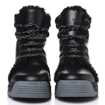 Fendi Vitello Spazzolato Shearling Womens Lace Up Biker Boots 37 Black Navy Blue White 2 of 11