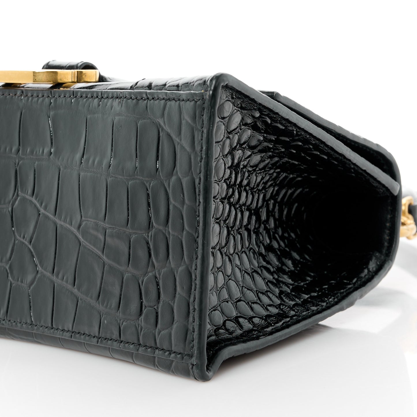 Shiny Calfskin Crocodile Embossed Small Hourglass Top Handle Bag Black