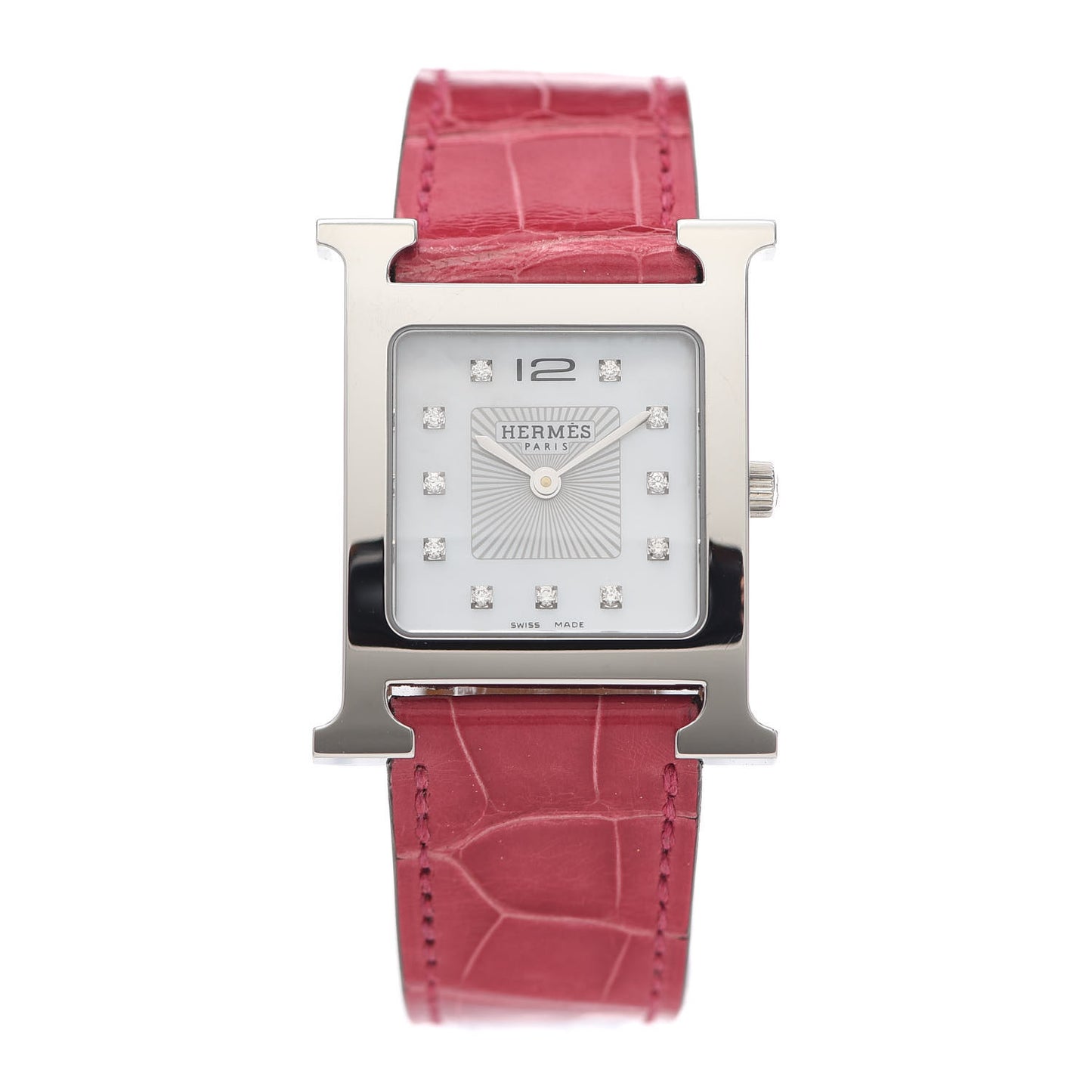Stainless Steel Alligator Diamond Mother of Pearl 26mm Heure H Hour Quartz Watch Framboise