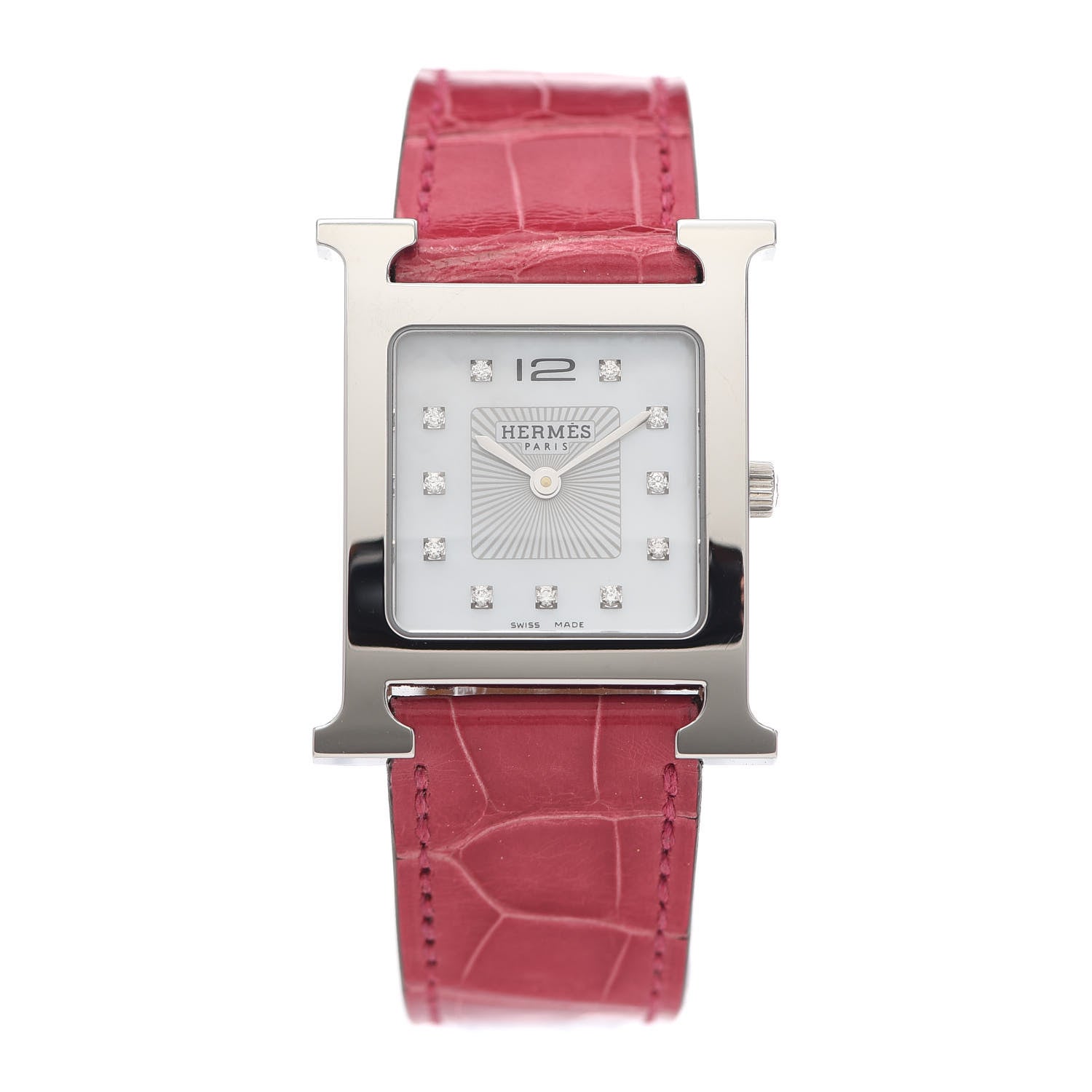 Hermes Stainless Steel Alligator Diamond Mother of Pearl 26mm Heure H Hour Quartz Watch Framboise 1 of 5