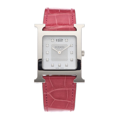 Hermes Stainless Steel Alligator Diamond Mother of Pearl 26mm Heure H Hour Quartz Watch Framboise 1 of 5
