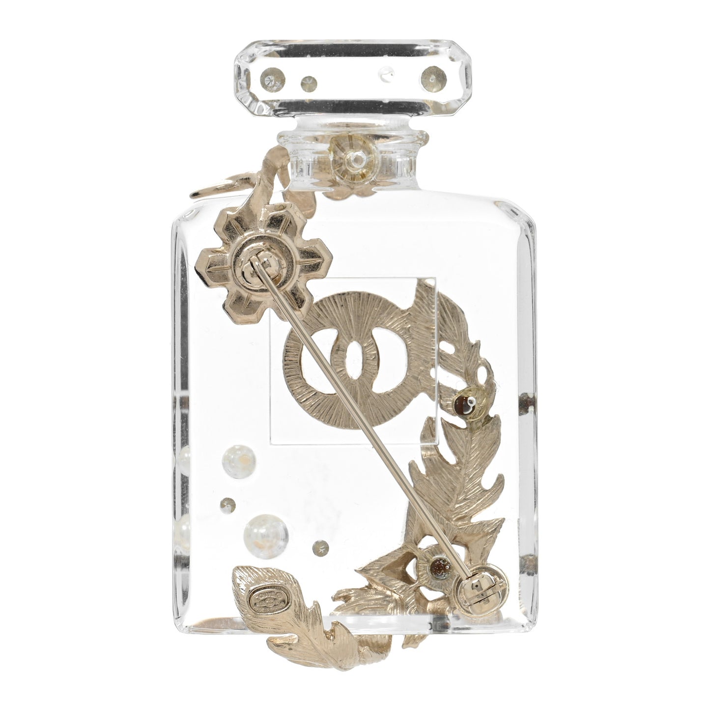Pearl Resin Crystal CC No 5 Perfume Bottle Brooch Gold