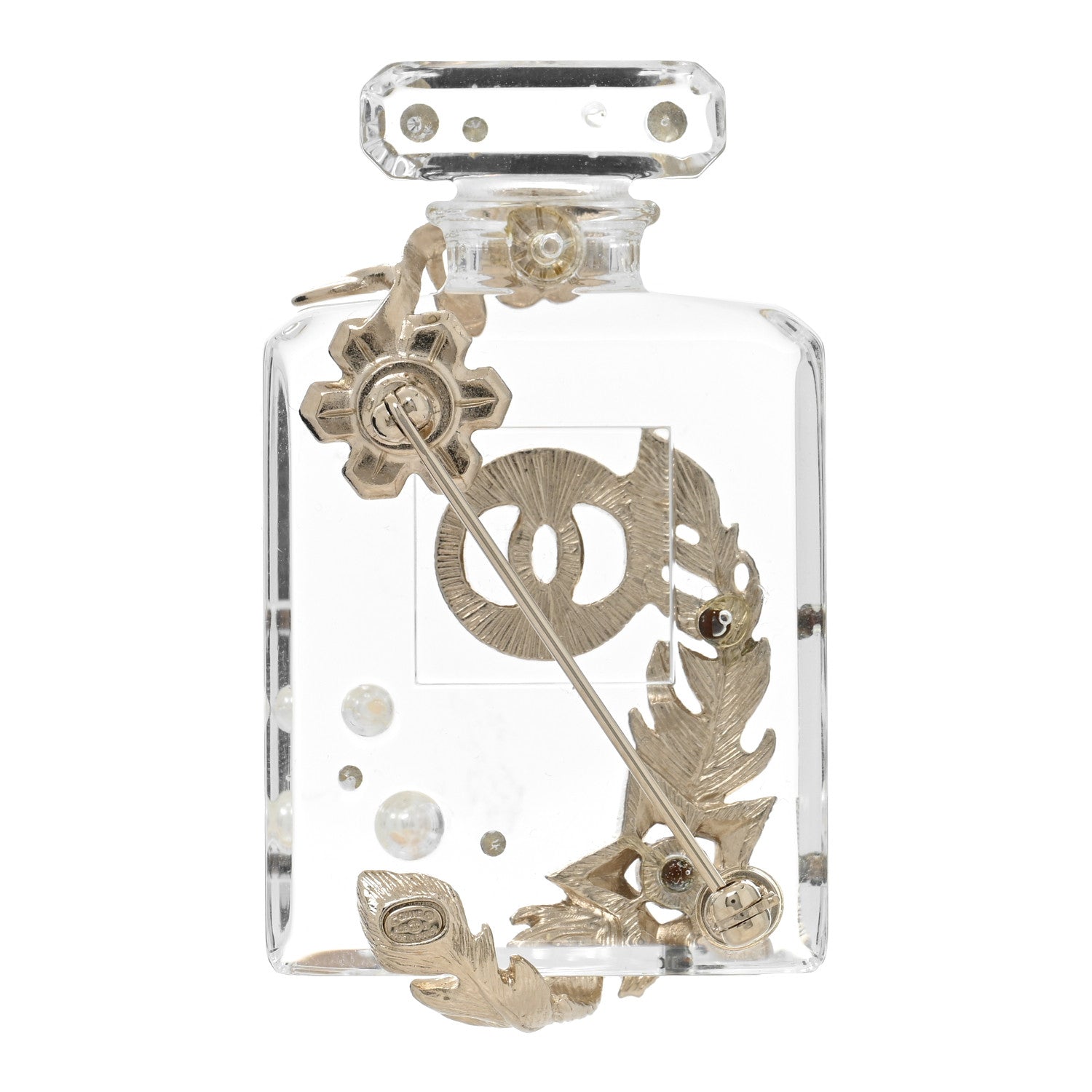 Chanel Pearl Resin Crystal CC No 5 Perfume Bottle Brooch Gold 3 of 5