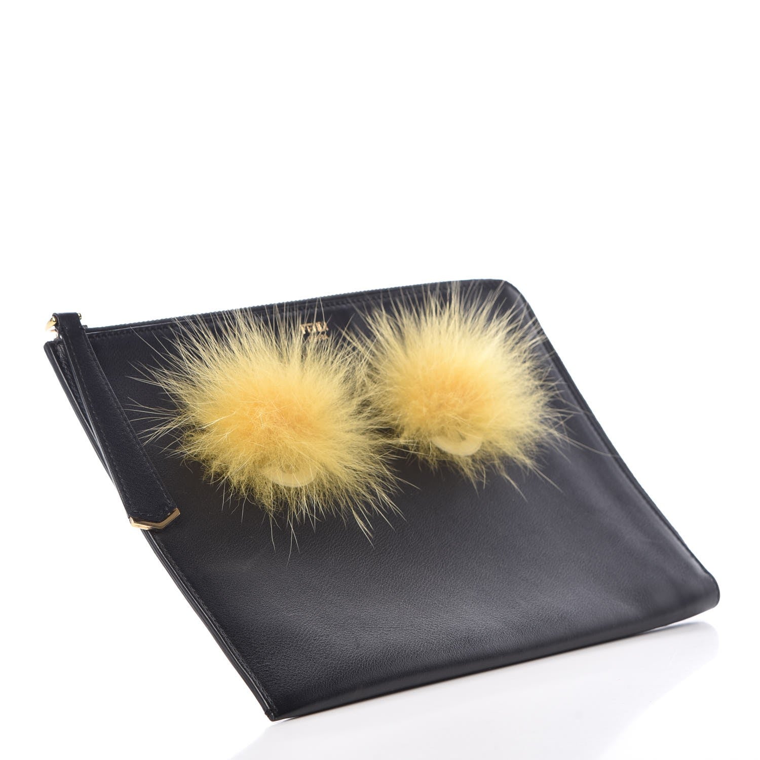 Fendi Vitello Dolce Fox Fur Monster Eyes Zip Around Pouch Black 4 of 7
