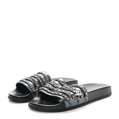 Chanel Fantasy Lambskin Chain Flat Sandals 40 Dark Blue 4 of 10