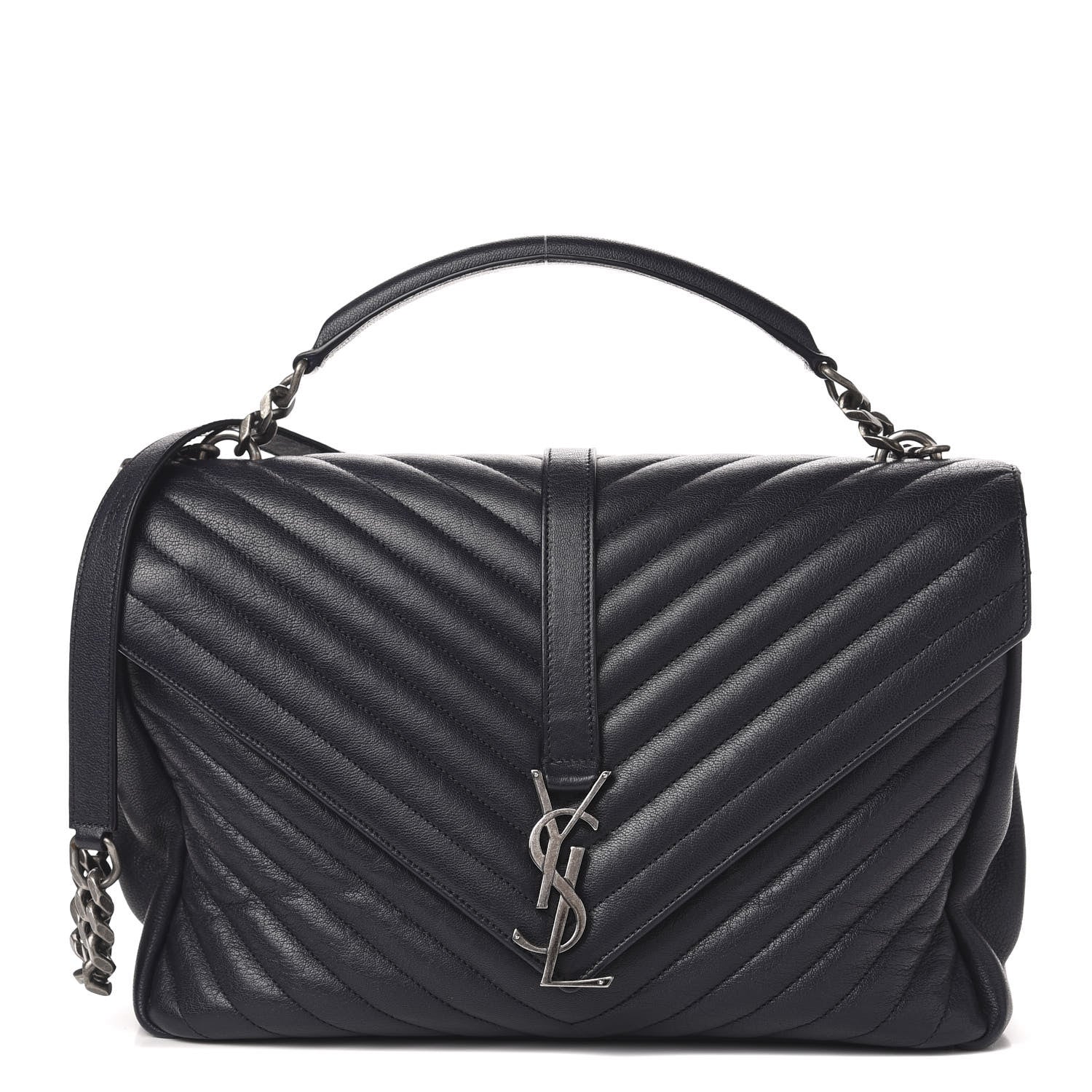 Saint Laurent Sheepskin Matelasse Chevron Monogram Large College Satchel Navy Blue 1 of 13