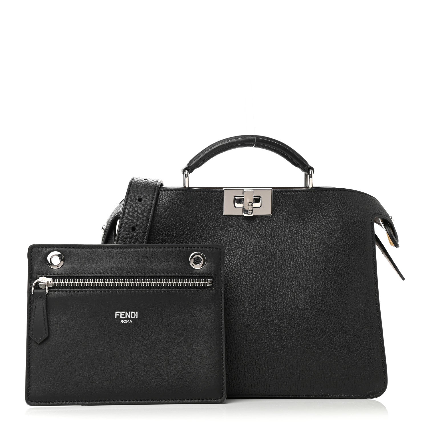 Fendi Cuoio Romano Vitello Cover Glazed Fabric Bi-Color FF 1974 Mini Peekaboo I SEE U Satchel Black Mimosa Tobacco Moro 1 of 12