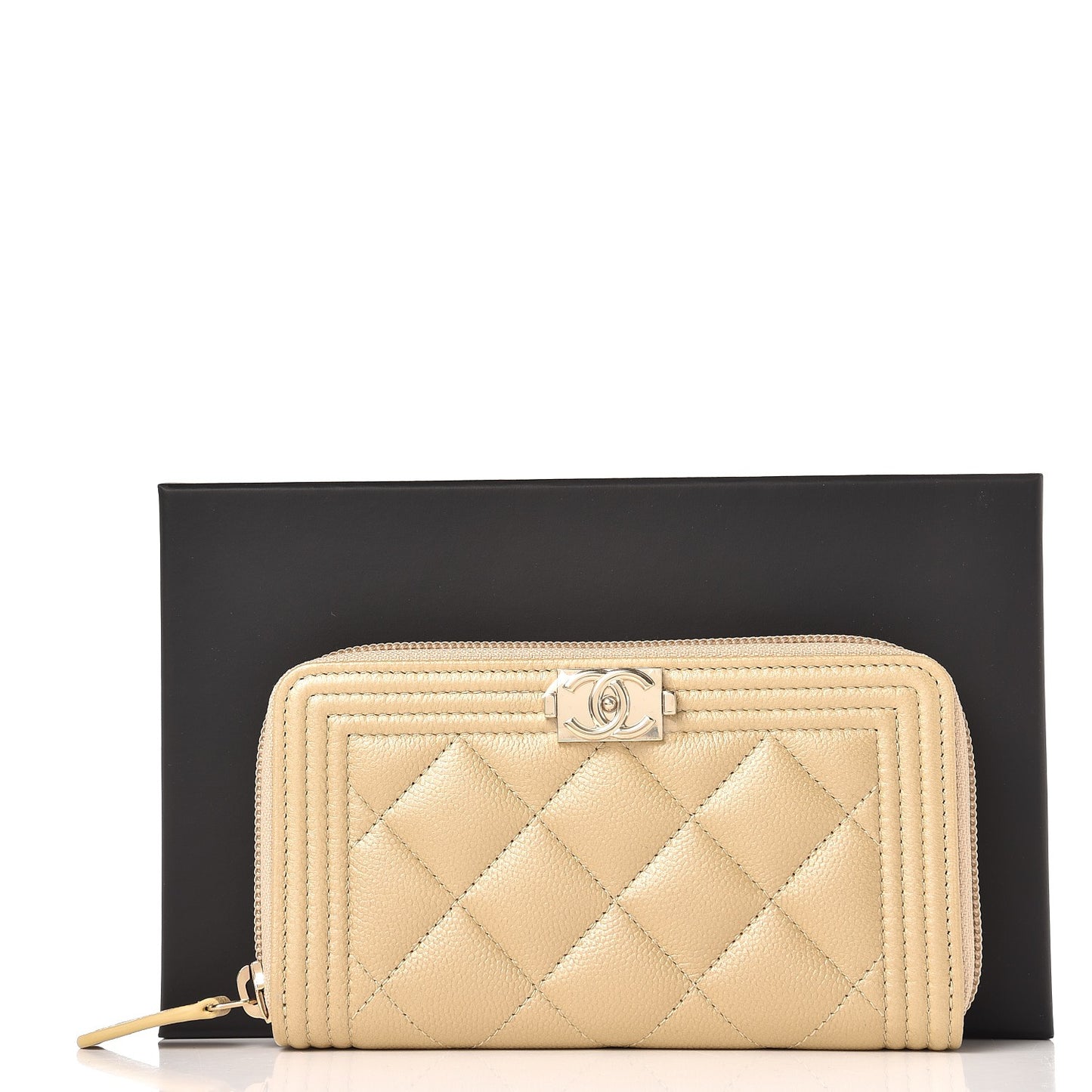 Metallic Caviar Quilted Small Boy Zip Around Wallet Light Gold