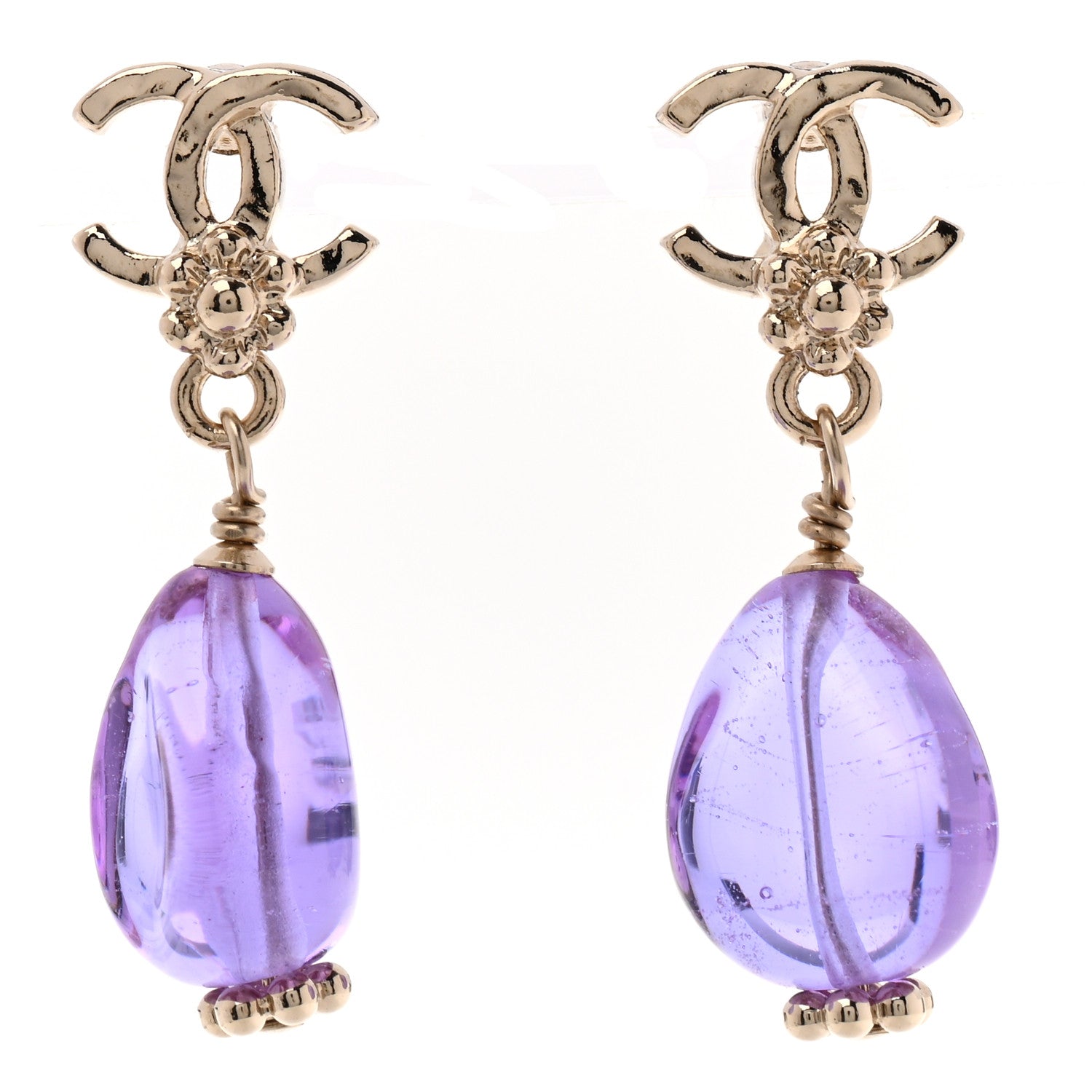 Chanel Bead CC Flower Drop Earrings Golden Purple 1 of 5