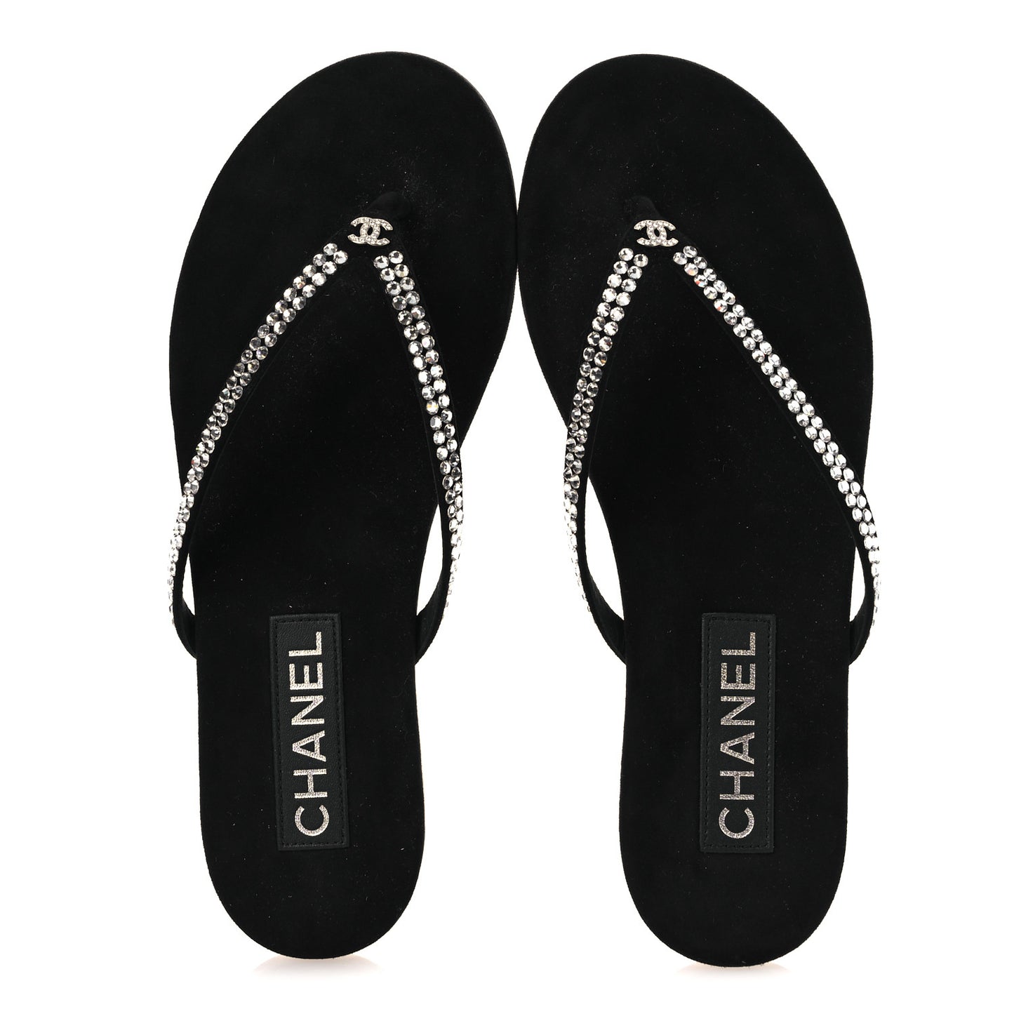 Suede Kidskin Strass CC Thong Sandals 36.5 Black 38.5 Black