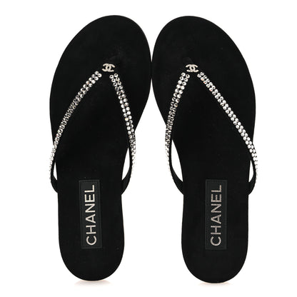Chanel Suede Kidskin Strass CC Thong Sandals 36.5 Black 38.5 Black 2 of 11