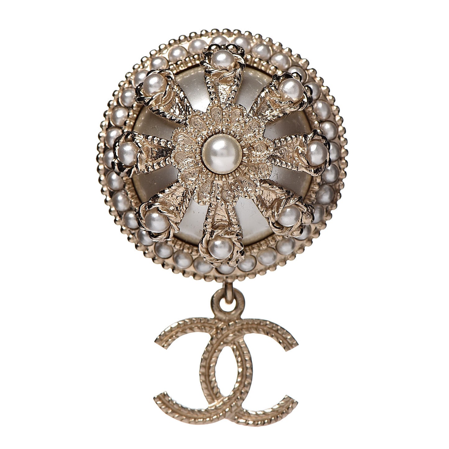 Pearl CC Round Brooch Gold