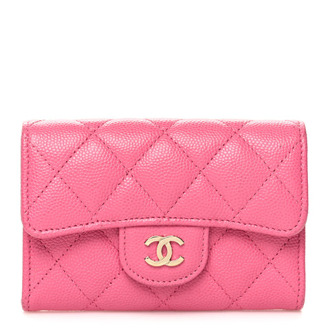 Caviar Quilted Flap Card Holder Wallet Pink