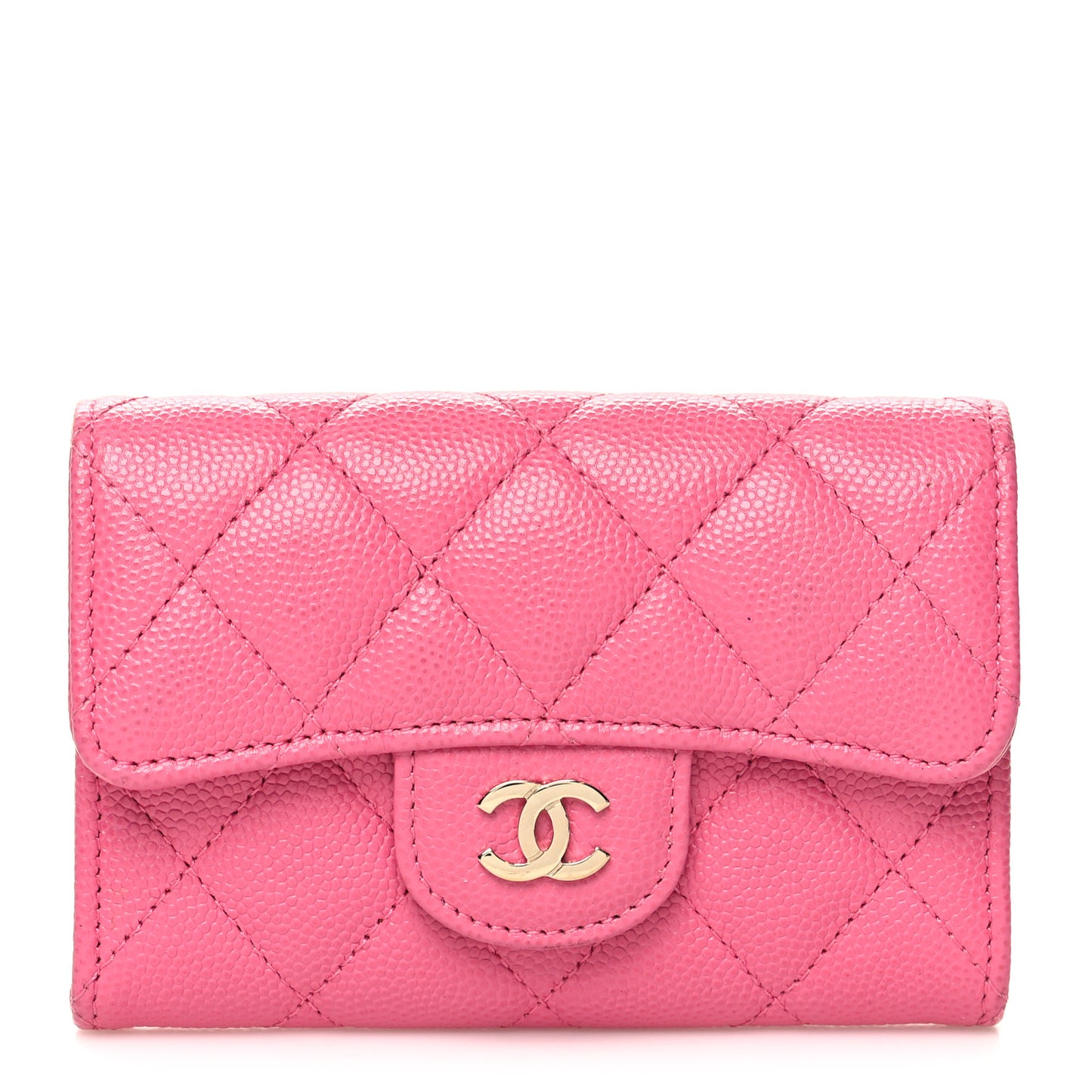 Caviar Quilted Flap Card Holder Wallet Pink
