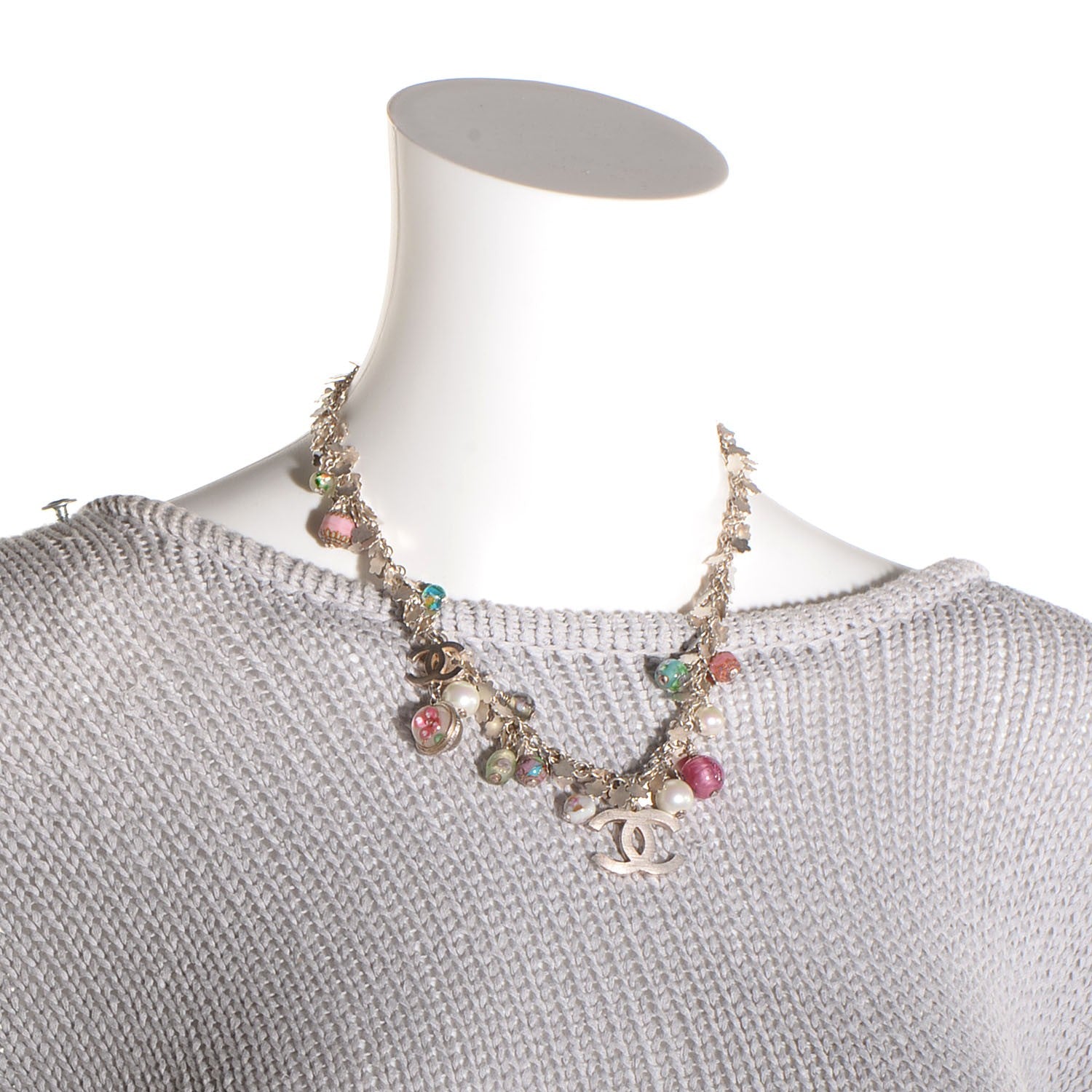 Chanel Beaded Charm CC Necklace Silver 2 of 6