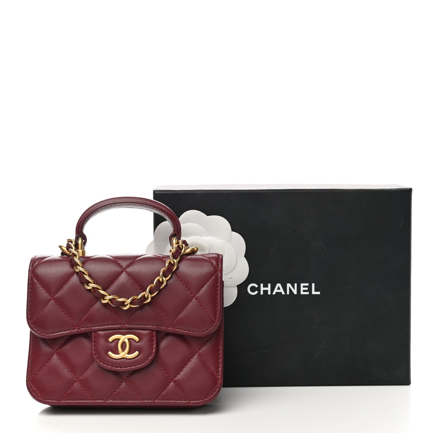 Lambskin Quilted Top Handle Flap Coin Purse With Chain Burgundy