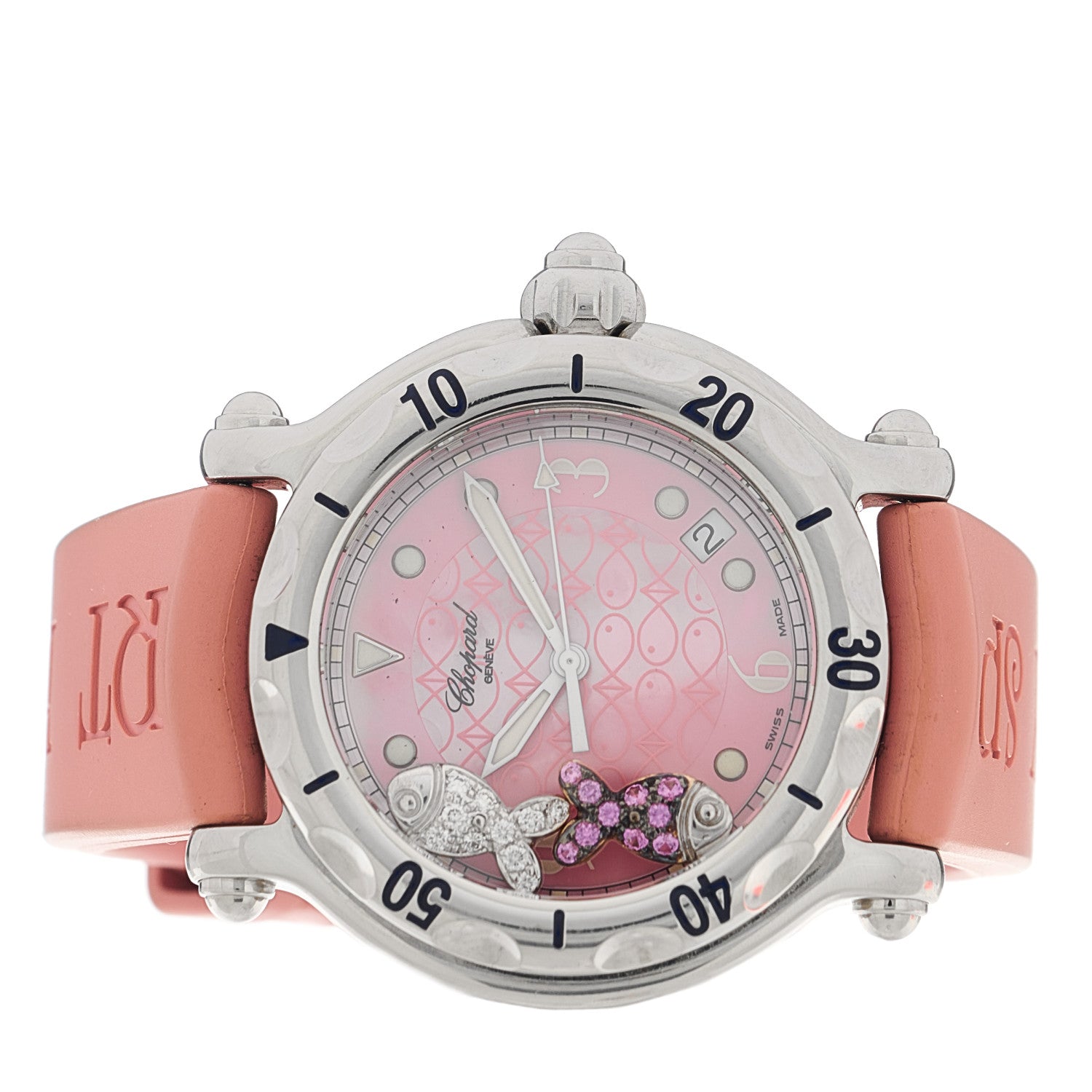 Chopard Stainless Steel Rubber Diamond Pink Sapphire Pink Mother of Pearl 38mm Happy Sport Fish Quartz Watch 2 of 5