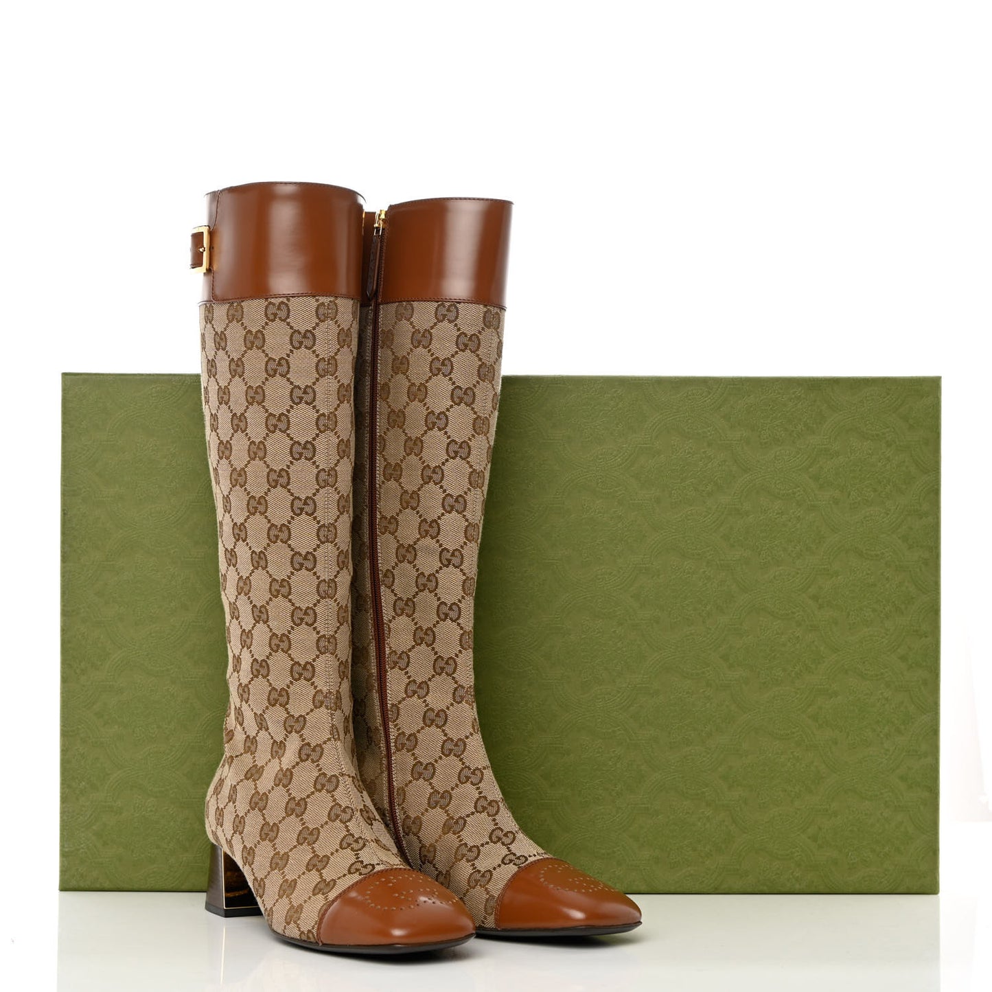 Monogram Cordovan Lux GG Knee High Boots 38 Beige Cuir