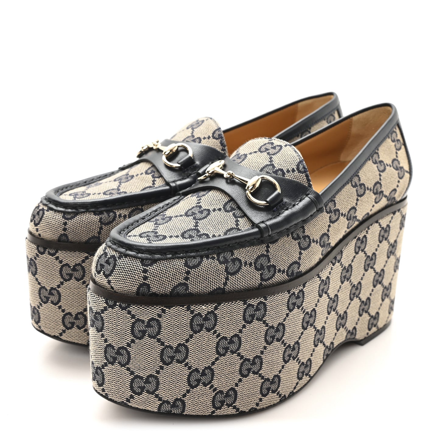 Canvas GG Monogram Horsebit Calfskin Womens Horsebit Platform Loafers 37 Beige Blue