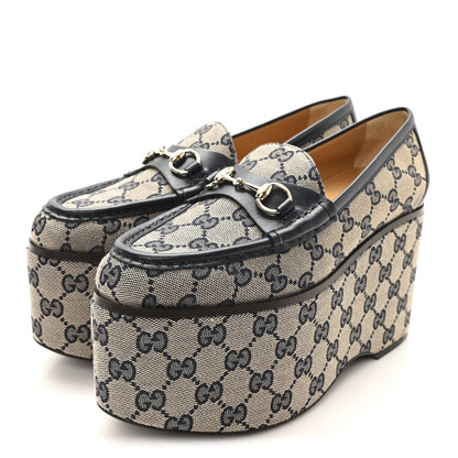 Gucci Canvas GG Monogram Horsebit Calfskin Womens Horsebit Platform Loafers 37 Beige Blue 4 of 10