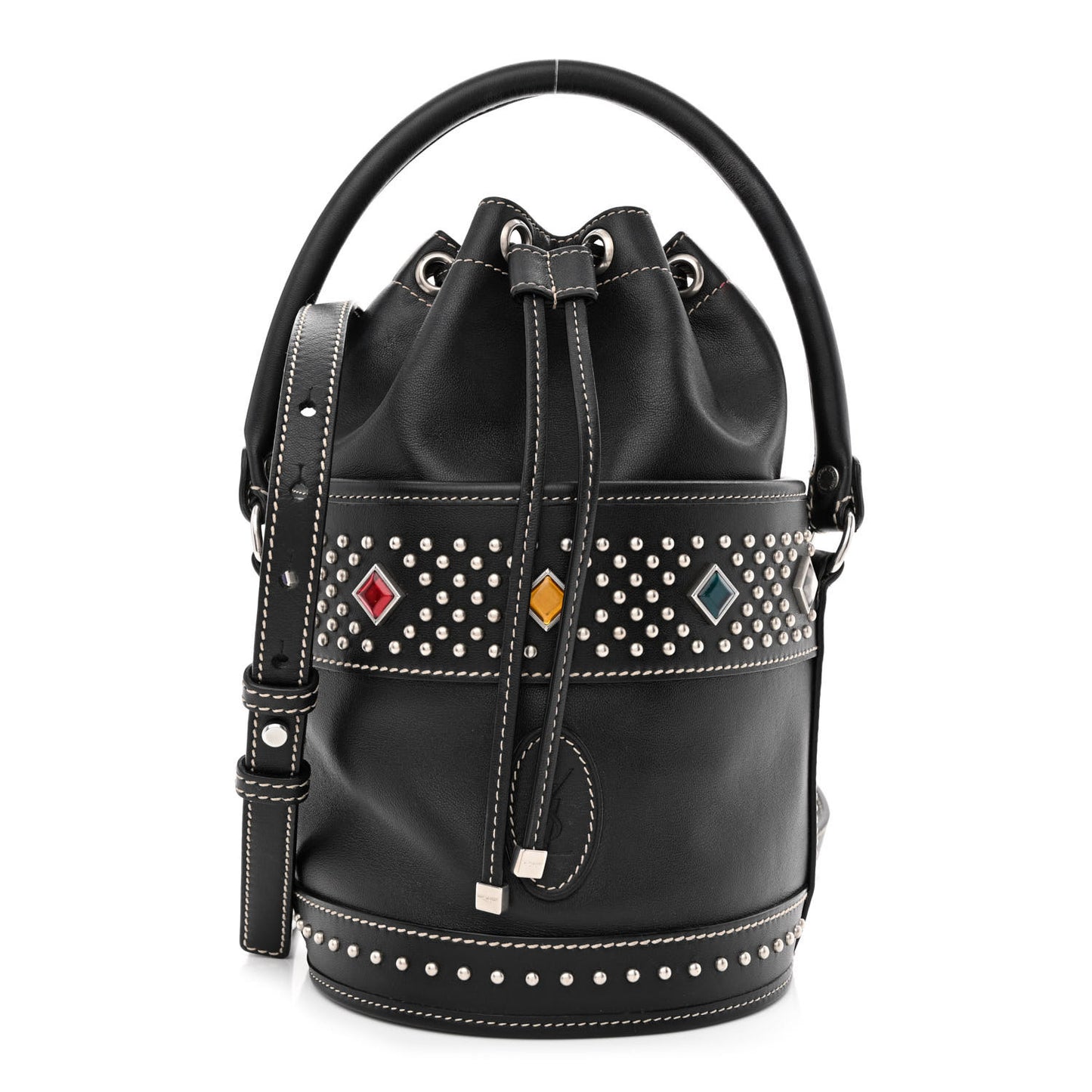 Smooth Calfskin Studded Small Bahia Drawstring Bucket Bag Black Multicolor