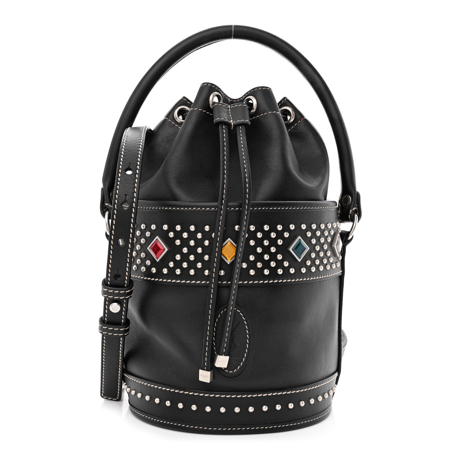 Saint Laurent Smooth Calfskin Studded Small Bahia Drawstring Bucket Bag Black Multicolor 1 of 16