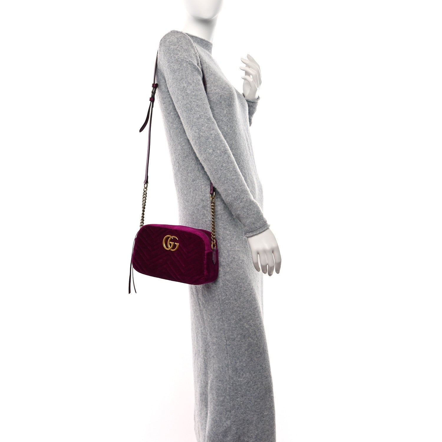Gucci Velvet Matelasse Small GG Marmont Chain Shoulder Bag Fuchsia Violet Cyclamen 2 of 9