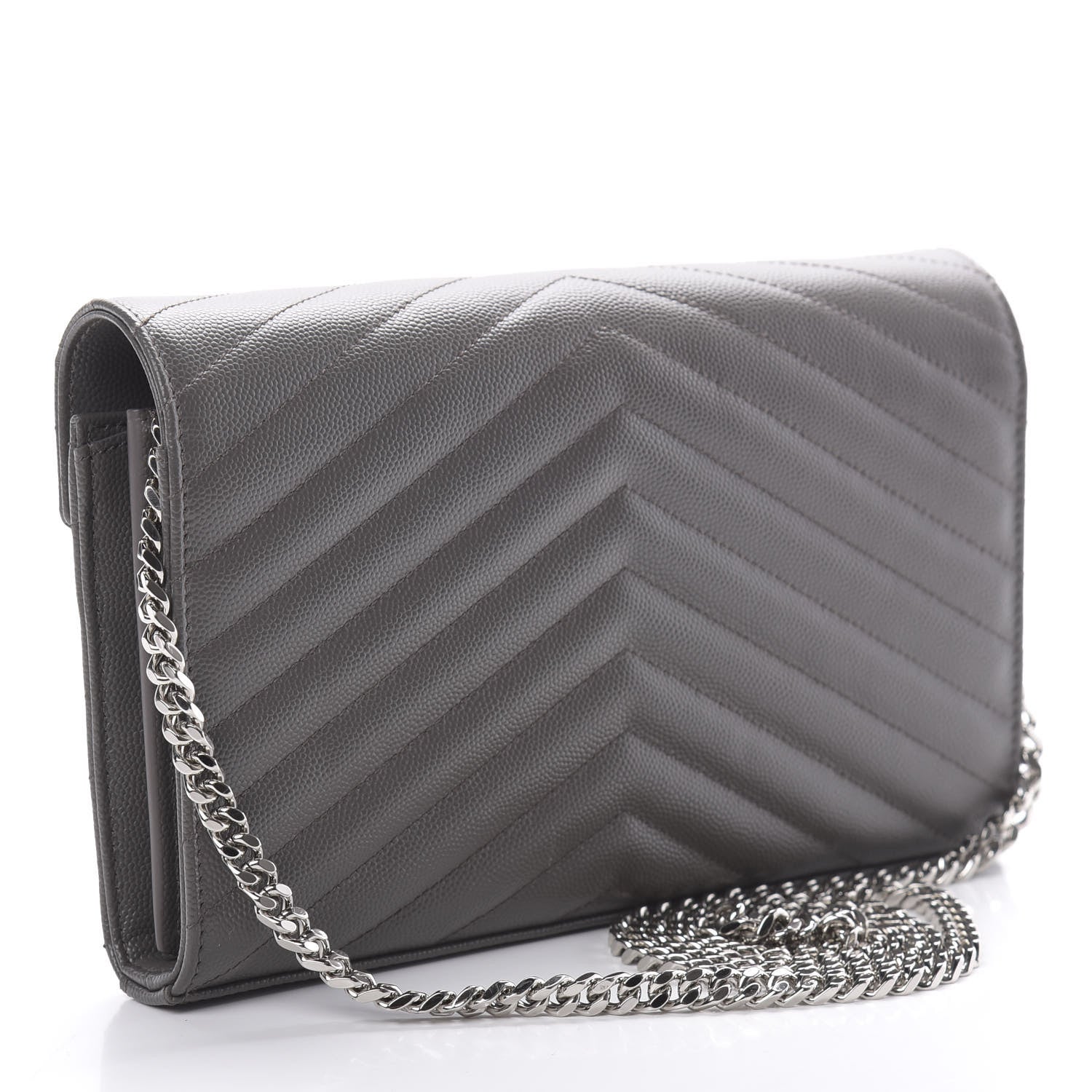 Saint Laurent Grain De Poudre Matelasse Chevron Monogram Chain Wallet Grey 3 of 11