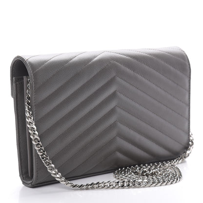 Saint Laurent Grain De Poudre Matelasse Chevron Monogram Chain Wallet Grey 3 of 11