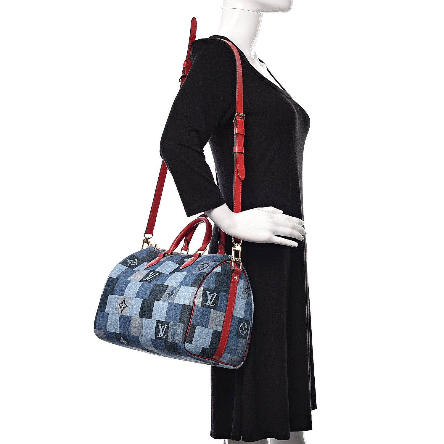 Louis Vuitton Denim Damier Monogram Patchwork Speedy Bandouliere 30 Blue Rouge 2 of 10