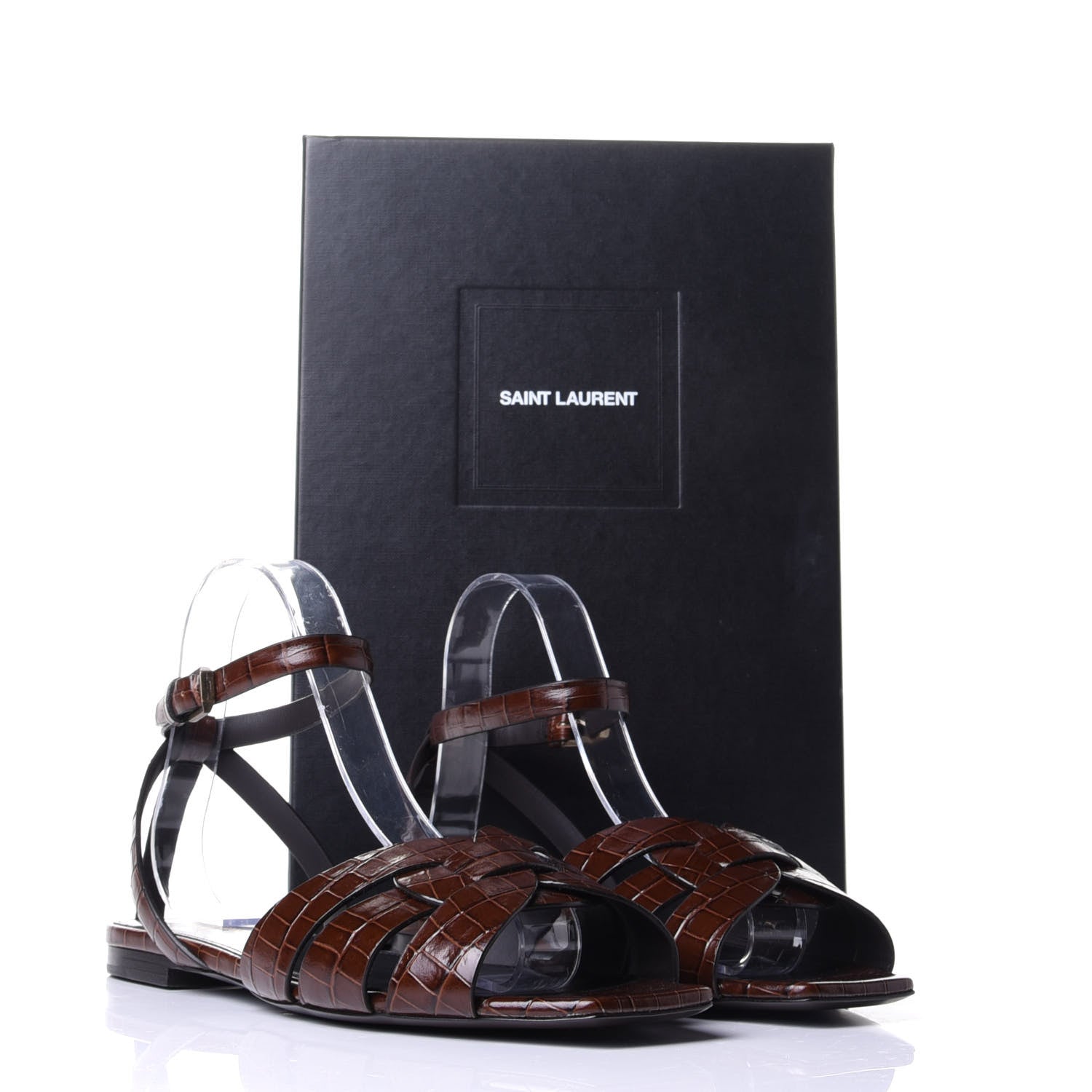 Saint Laurent Calfskin Crocodile Embossed Tribute 05 Ankle Strap Sandals 38.5 Moro 11 of 11