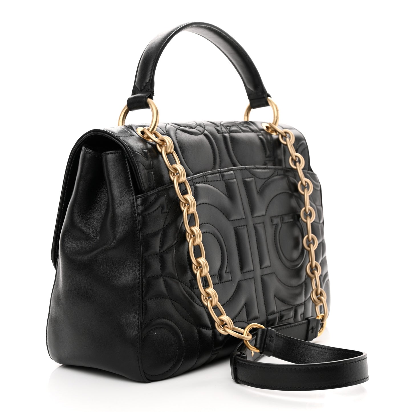 Calfskin Quilted Gancini Top Handle Flap Bag Black