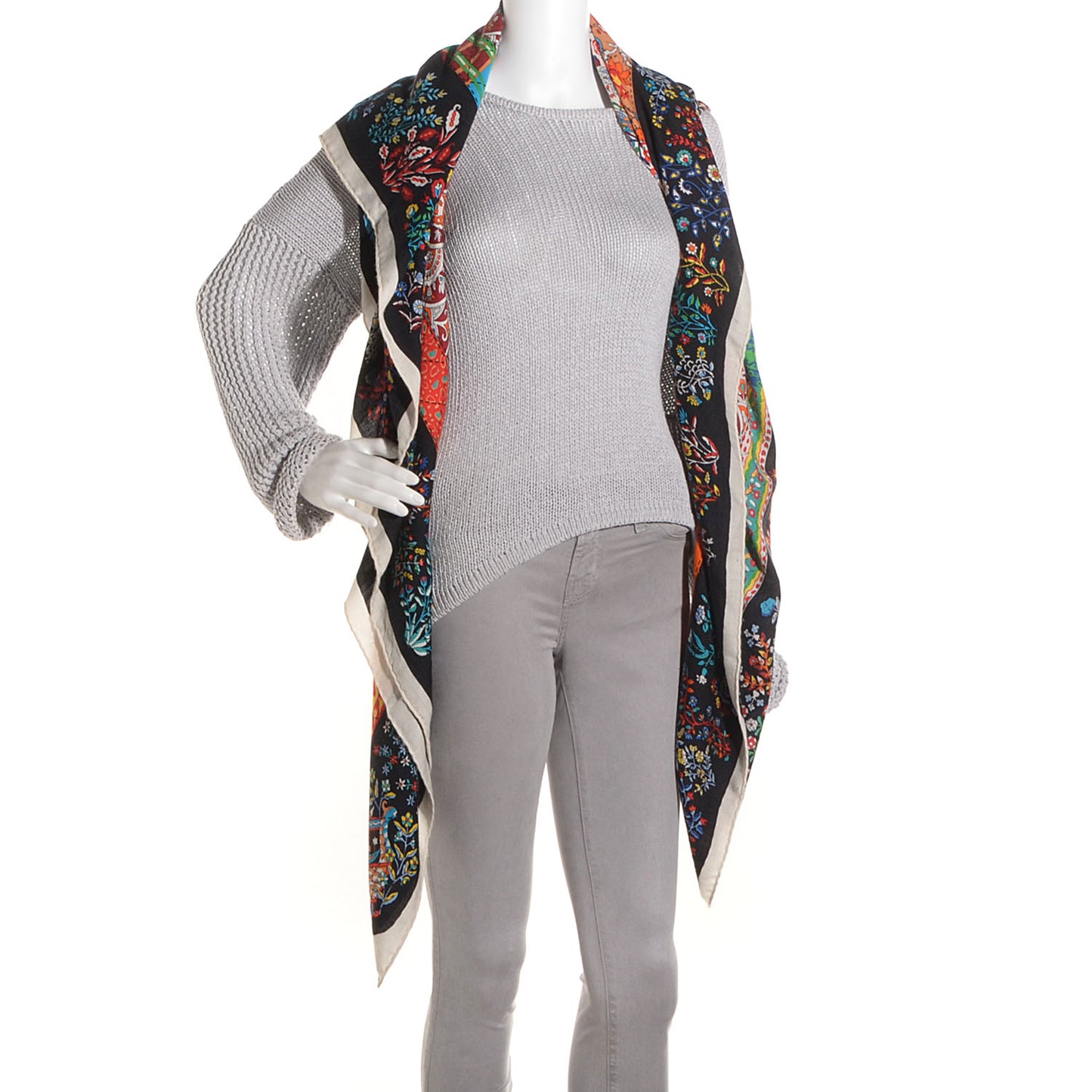 Cashmere Silk Pique Fleuri de Provence Shawl 140 Blanc Noir Multicolor