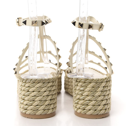 Valentino Garavani Calfskin Rockstud Ankle Strap Torchon Espadrille Caged 30/55mm Sandals 39 Light Ivory 5 of 14